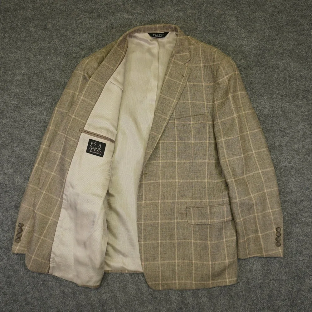 Jos A Bank Blazer Men 48R Tan Silk Linen Wool Windowpane Tailored Fit Sport Coat